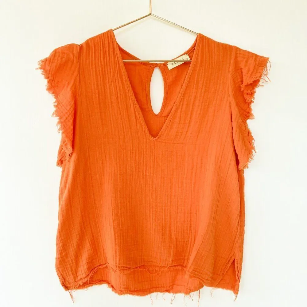 Stark X Gauze Ruffle Sleeve V Neck Orange Top Small